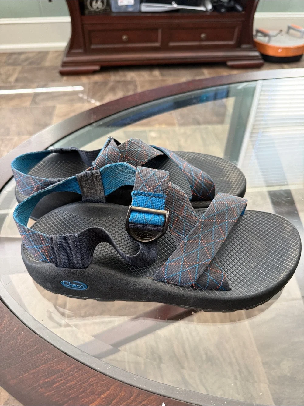 Chaco Men's Black Footbed Sandals with Blue Patterned Straps
